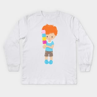 Boy With Ice Cream, Orange Hair, Ice Cream Cone Kids Long Sleeve T-Shirt